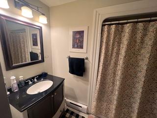 Bathroom with vanity and tub with curtain