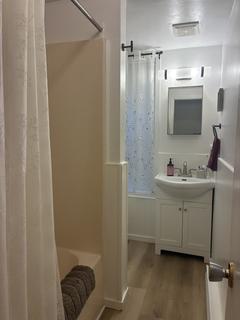 Bathroom with vanity, tub and shower curtain