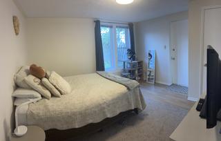 Bedroom with double bed and patio door